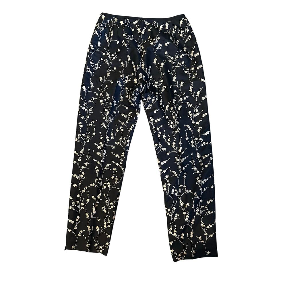 Karen Kane Black 100% Silk Embroidered Floral Pants Size 8 OldMoney QuietLuxury